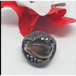 Natural Smoky Quartz & CZ 925 Sterling Silver Ring Sz 6.5